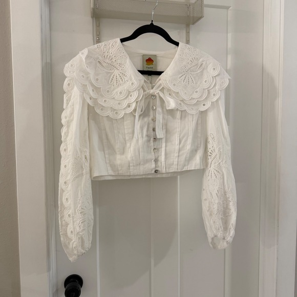 FARM Rio Tops - Farm Rio Off-White Richelieu Big Collar Blouse Cropped Eyelet Top Size medium